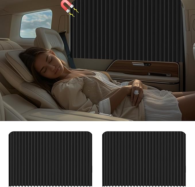 Ovege Car Window Shade - Side Window Sun Shade Curtain, Pleated Silky UV Protection Privacy, Baby Suction Magnetic (Black-Opaque, Back Seat 2pcs)