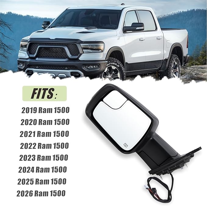 Left Driver Side Mirror Compatible With 2019-2026 Ram 1500 With Power Folding Heated Turn Signal Puddle Light Temperature Sensor Matte Black Replace#68462769AB(8+6Pins)