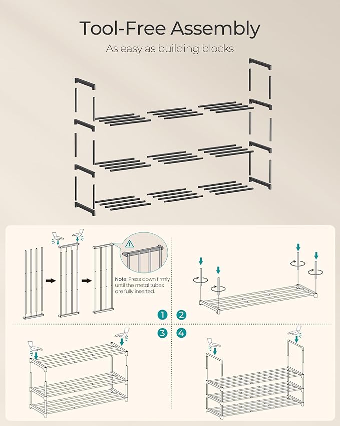 SONGMICS Shoe Rack, 3-Tier Shoe Organizer, Metal Storage Shelf, Upright or Upside Down, for 16-20 Pairs, Stackable, for Entry