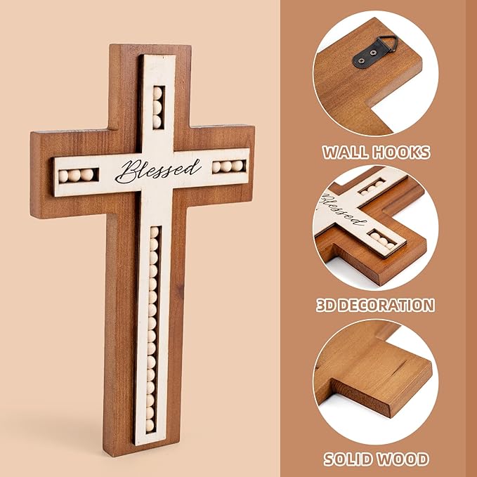 OKSQW Wall Wooden Cross Christians Cross Spiritual Religious Gifts With Hook on Hanging Wall Or Table With Blessed and Wood B