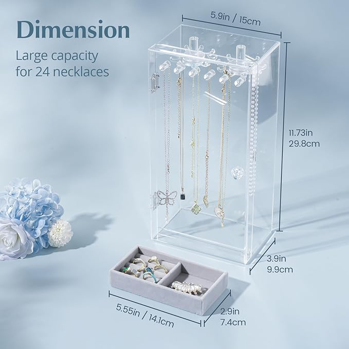 Lolalet Necklace Holder Organizer, Acrylic Jewelry Organizer with 24 Hooks, Rotating Clear Necklaces Display Box, Dust-proof 