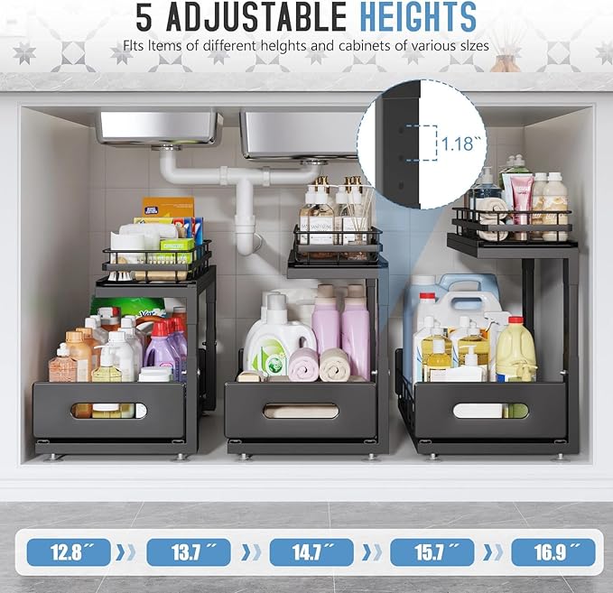 Under Sink Organizer Upgrade To Professional Rails,2-Tier Dual Pull Out Cabinet Storage,Height Adjustable Slide Out Drawers F
