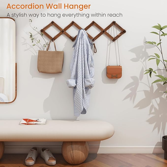 Homode Vintage Wood Expandable Peg Rack- Multi-Purpose Accordion Wall Hangers with 13 Hooks for Hats, Coat, Mugs, Scarf, Jewe