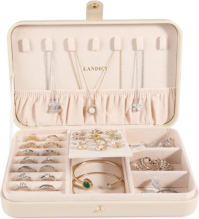 LANDICI Small Jewelry Box for Women Girls, PU Leather Travel Jewelry Case, Portable Jewelry Organizer Storage Holder Display 