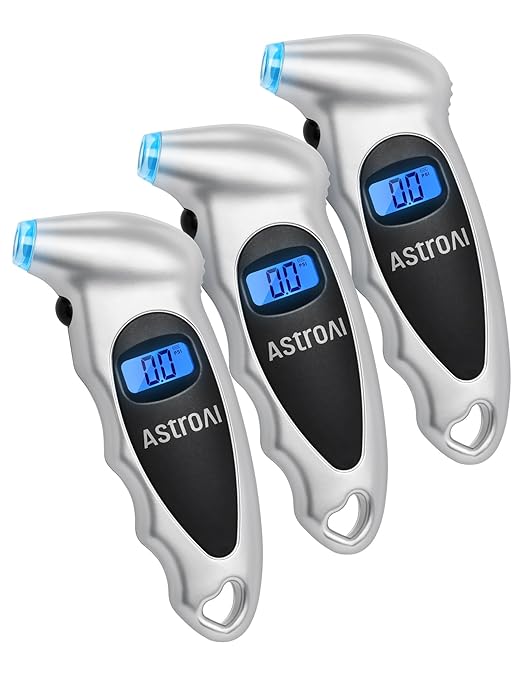 AstroAI Digital Tire Pressure Gauge 0-150PSI Calibrated to ANSI B40.7 +/-1PSI, 4 Units for Car Truck Bicycle with Backlight LCD and Presta Valve Adaptor, Sliver, 3Pack