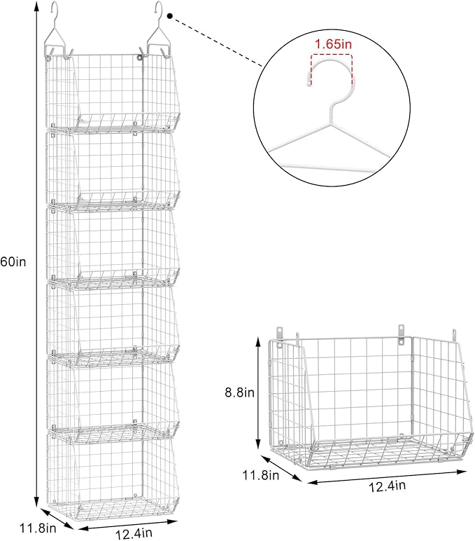 X-cosrack 6 Tier Closet Hanging Organizer, Clothes Hanging Shelves with 4 Hanging Hooks 5 S Hooks, Wire Storage Basket Bins, 