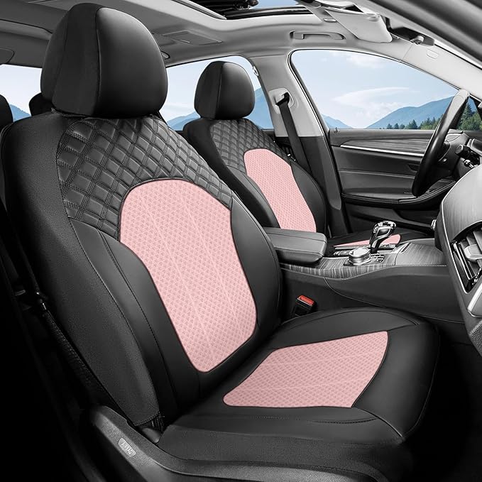 FLORICH Pink Car Seat Covers Full Set Leather Mesh Front and Rear Seat Cover Automotive Seat Cushion 5-Seat Driver Seat Cover