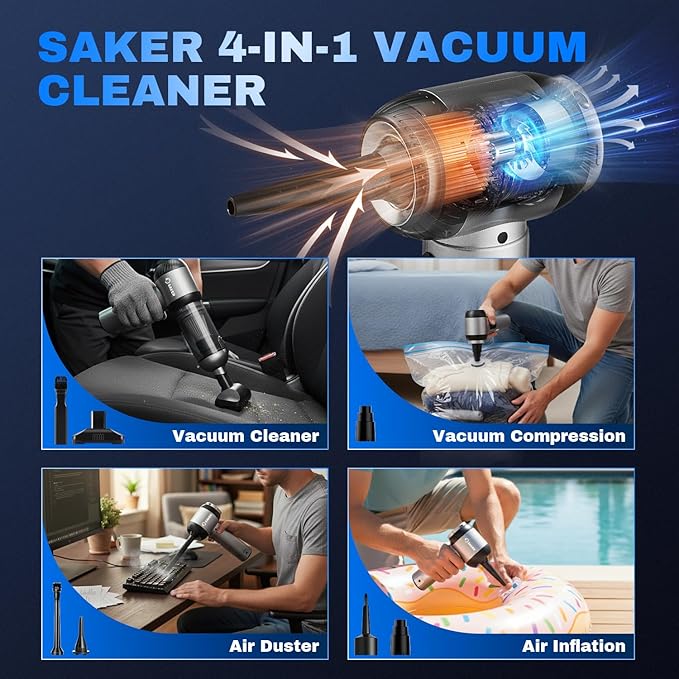 Saker Car Vacuum Portable Cordless 20000Pa Suction Power 4 in 1 Handheld Vacuum&Air Duster with LED Light Type-C Charge Porta
