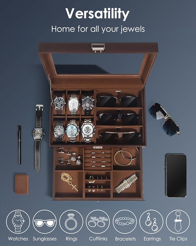 Kukikan Watch Jewelry Box Organizer, 6-Slot 2-Layer Watch Case and Sunglasses Storage with Large Glass Lid, Mens Jewelry