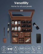 Kukikan Watch Jewelry Box Organizer, 6-Slot 2-Layer Watch Case and Sunglasses Storage with Large Glass Lid, Mens Jewelry