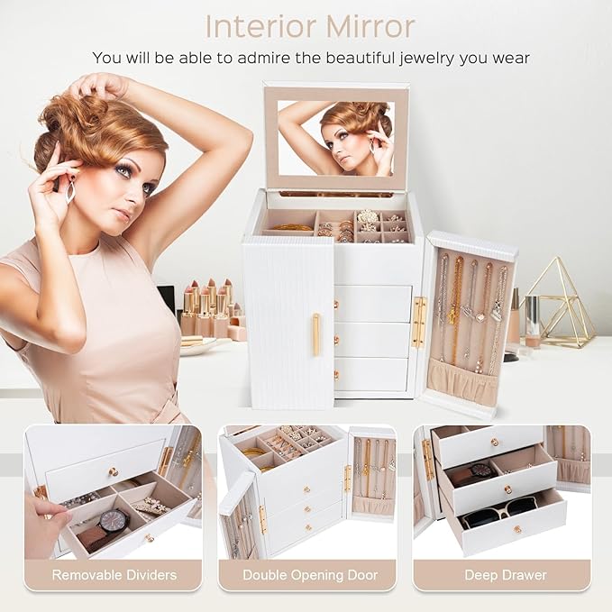 Dajasan Large Jewelry Box Organizer, Jewelry Storage Organizer with 3 Drawers, Huge Jewelry Box with Mirror for Women Girls, 
