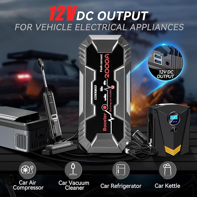 Car Battery Jump Starter Portable, 2000A Jump Starter Battery Pack for 8.0L Gasoline and 6.0L Diesel Engines, 12V Jump Box