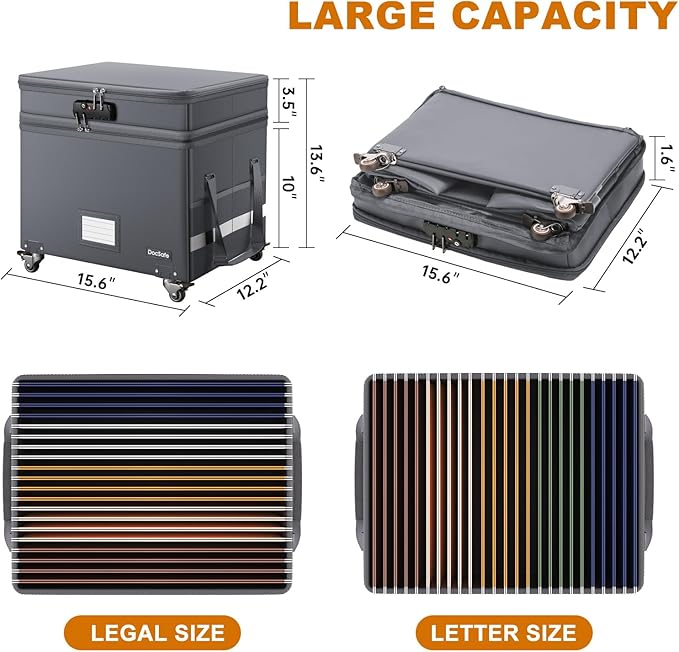 DocSafe Fireproof Document Box with Lock,2-Layer File Box with Wheels,Collapsible File Storage Organizer with Pockets,Large P