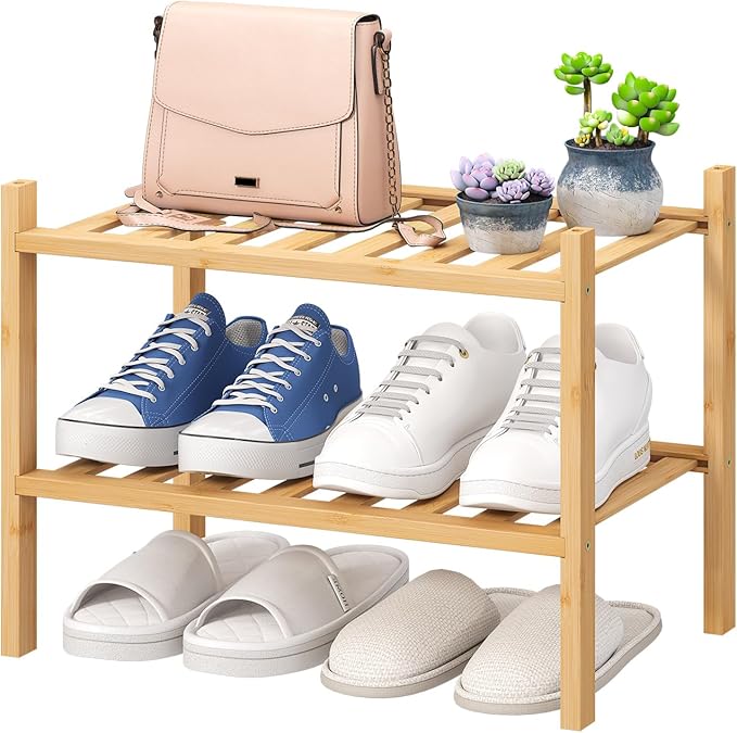 viewcare Small Shoe Rack, 2-Tier Shoe Rack for Entryway, Bamboo Wood Shoe Shelf for Closet & Hallway, Long 17.2IN | Beautiful