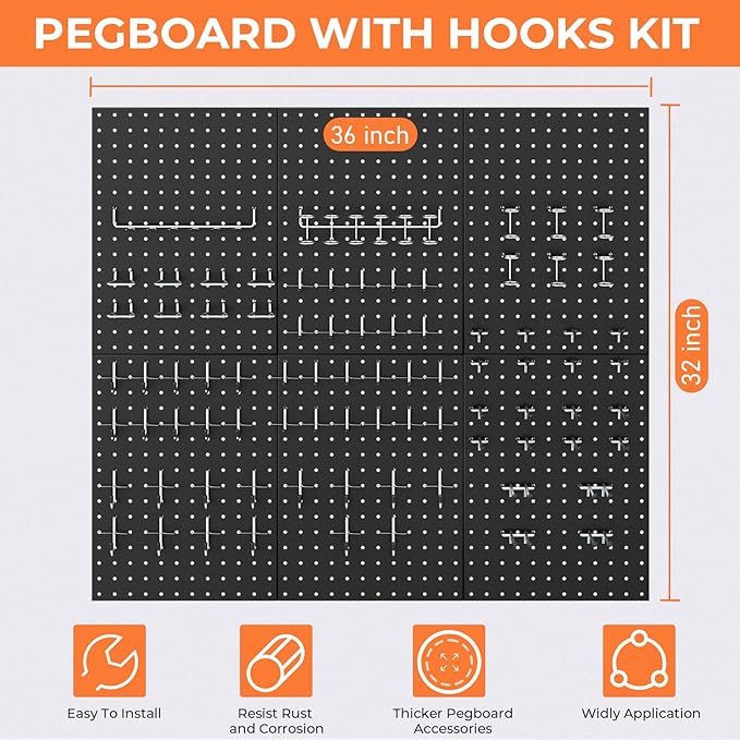 INCLY 90PCS Pegboard Wall Organizer, 6 Pack Metal Peg Board Panels with 1/4" Pegboard Hooks Accessories Kit, Black Peg Board 