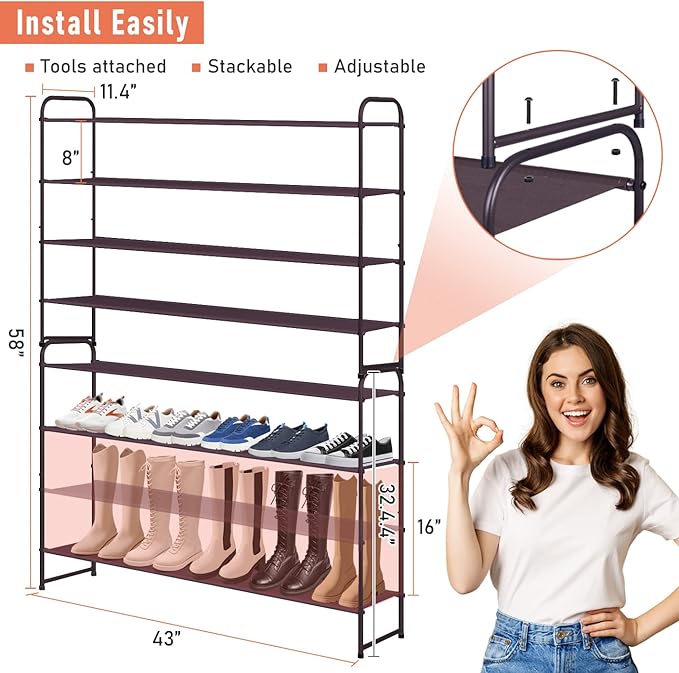 MISSLO 4 Tier Long Shoe Organizer for Closet Shoe Rack for Bedroom Closet Floor Shoe Shelf for Entryway Storage Stackable Wid