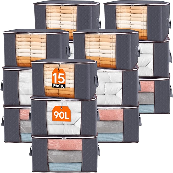 Lifewit 15 Pack 90L Clothes Storage Bins with Lids, Foldable Blanket Storage Bags with Zippers, Clear Window and Reinforced H