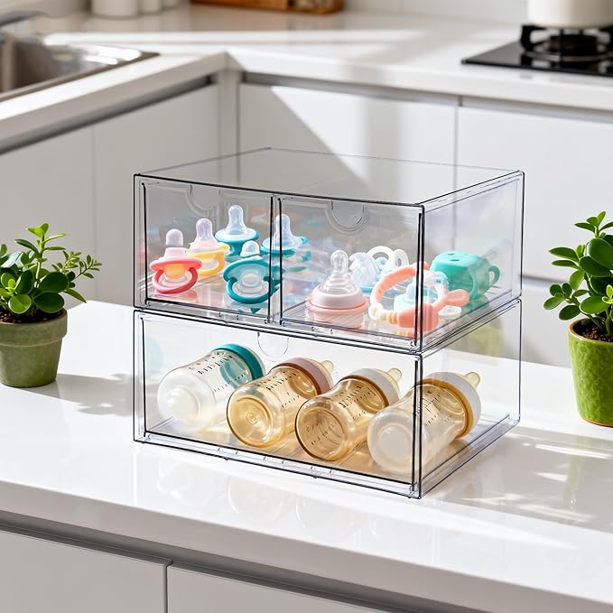 Prsildan Acrylic Drawer Makeup Organizer with 3 Drawers, Clear Stackable Storage for Baby Bottles, Craft, Jewelry & Hair Acce