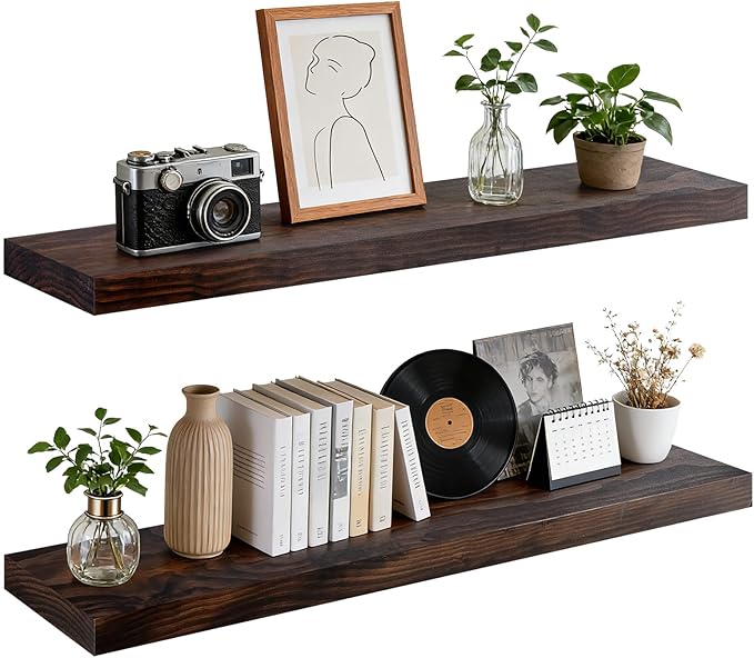 Floating Wall Shelf 36x6.8x1.7 Inch – Solid Wood Shelf in Walnut Finish – Heavy Duty Wall Mounted Rustic Display Shelf for Li