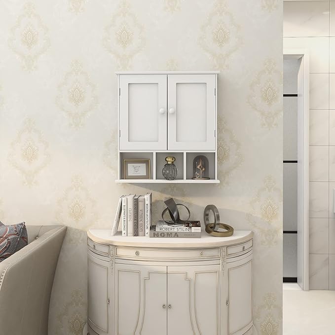 TaoHFE White Bathroom Wall Cabinet with 2 Door Adjustable Shelves,Over The Toilet Storage White Wall Mounted Medicine Cabinet