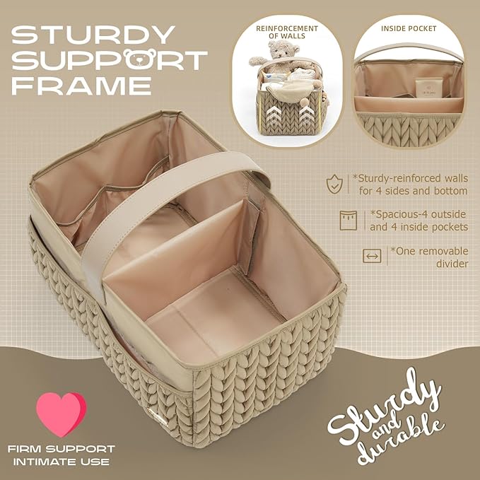 Luxurious Baby Diaper Caddy, Nursery Storage Basket for Newborn Essentials, Travel Baby Basket for Diapers Baby Wipes, Organi