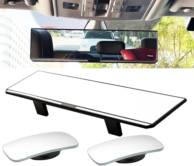 Kitbest Rear View Mirror,11.8 Inch Panoramic Rearview Mirror Clip On Car Mirror – Universal Wide Angle Car Mirror – Flat– For Cars, SUV, Trucks (Bonus 2 PCS Blind Spot Mirrors – Square)