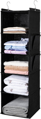 BOOMIBOO Hanging Closet Organize and Shelves，5-Hanging Shelf with 2 Side Pockets，Storage Foldable （Black）