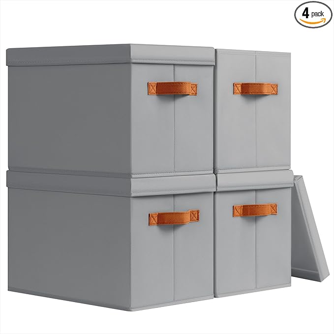 Homsorout Storage Bins with Lids - Fabric Storage Baskets for Shelves, 4 Pack Foldable Decorative Boxes with Handles, Stackab