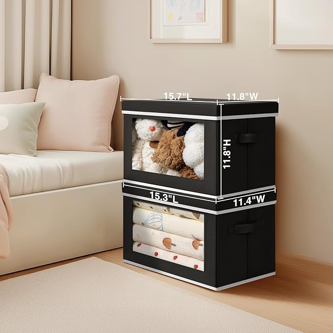 Homsorout Large Storage Baskets Bins with Lids - Stackable Cube Bins for Closet, 3 Pack Black Windows Organizer Bins, Home Or