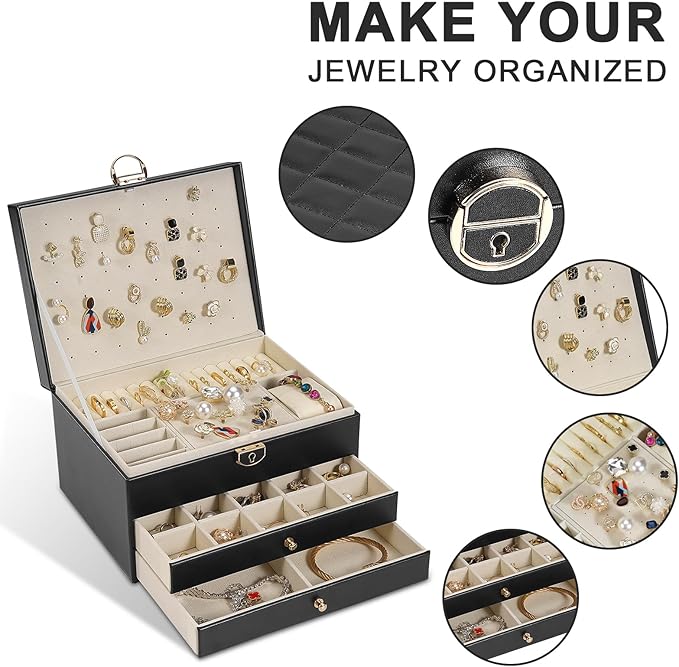 3-Layer Jewelry Box for Women, Jewelry Organizers and Storage with Removable Jewelry Tray, Vintage Quilted Top Lockable Jewel