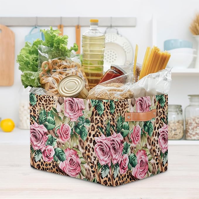 Leopard Print Floral Flower Storage Basket Collapsible Cloth Storage Cube Basket Bins Organizer with Handles Rectangular Larg