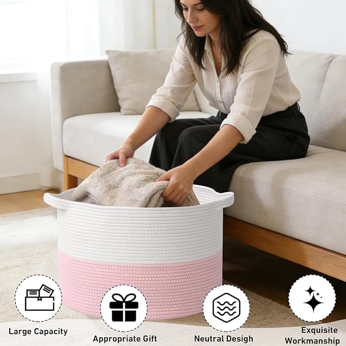 115L Extra Large Pink Woven Cotton Rope Basket with Handles, Kids Nursery Laundry Hamper for Toys, Blankets, Pillows & Comfor