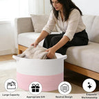 90L Extra Large Pink Woven Cotton Rope Basket with Handles, Kids Nursery Laundry Hamper for Toys, Blankets, Pillows & Comfort