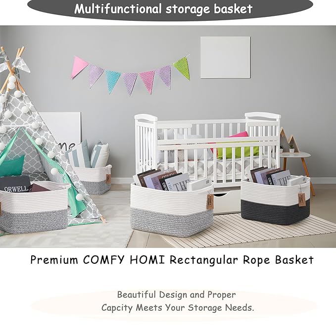 COMFY-HOMI 3-Pack Cotton Rope Woven Rectangular Basket with Handles for Organizing, 13.5" x 11" x 9.5", White/Grey