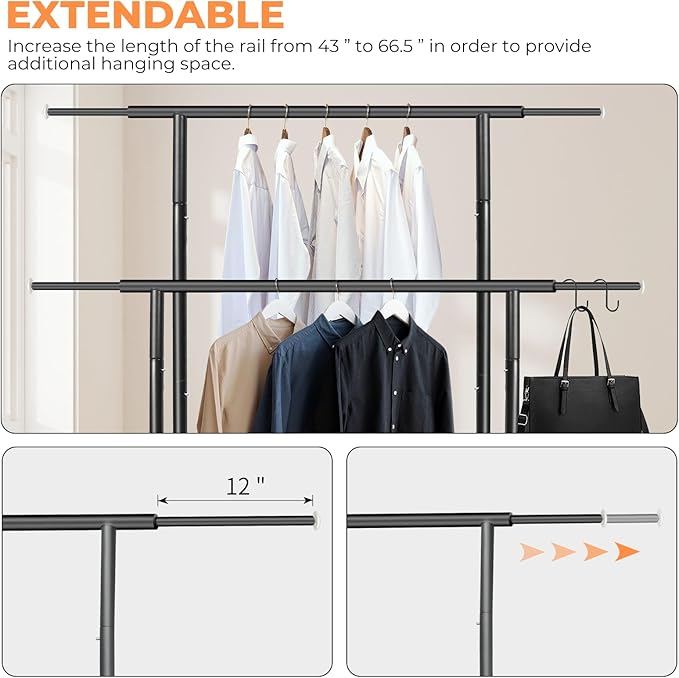 Fishat Stand Portable Black Double Rods Garment Clothes Rack with Rolling and Lockable Wheels Mobile, 48" W x 15" D x 67" H, 