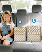 Corduroy Car Trash Can with Lid and Mesh Pockets - Leakproof Organizer,Multipurpose Waterproof Garbage Can/Trash Bin for Car(White Base with Khaki-2 Gallons)
