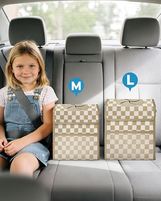 Corduroy Car Trash Can with Lid and Mesh Pockets - Leakproof Organizer,Multipurpose Waterproof Garbage Can/Trash Bin for Car(White Base with Khaki-2 Gallons)