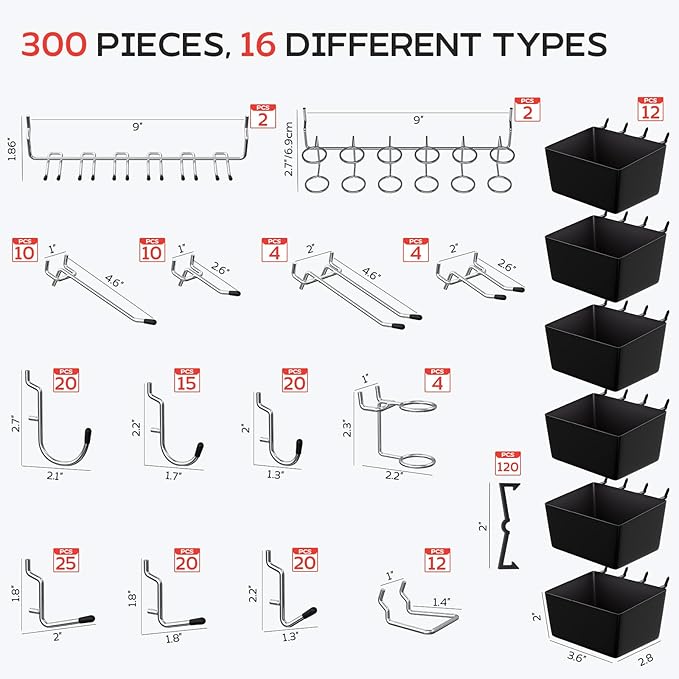 300PCS Pegboard Hooks Kit, Peg Board Organizer Accessories with Bins for Organizing Tools, Fit 1/8 or 1/4 inch Pegboard for H