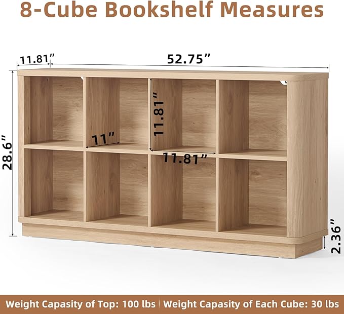 Joaxswe 8 Cube Storage Book Shelf, 52" Long Horizontal Bookshelf with Curved Edge, Floor Standing Wooden Cubby Bookcase with 