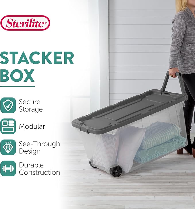 Sterilite 6-Pack Modular Stacker Box, Durable Clear Plastic Storage Bins with Latching Lids, 160 Quart - Stackable Organizing