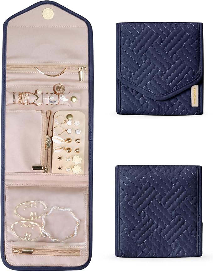 BAGSMART Travel Jewelry Organizer Case Foldable Jewelry Roll for Journey Rings, Necklaces, Earrings, Bracelets,Mini,Smokey Bl