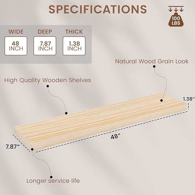 Vivelove Natural Wood Floating Shelves 48”，8 inch Deep Floating Shelf with Invisible Brackets, Unfinished Wall Shelves for Li
