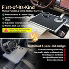 Car Food Tray & Car Table Tray with Car-Grade Aluminum Cup Holder & Phone Stand, Premium Wood with Leather Surface, 360° Rotating Car Desk for Laptop &Eating (Square, Black)