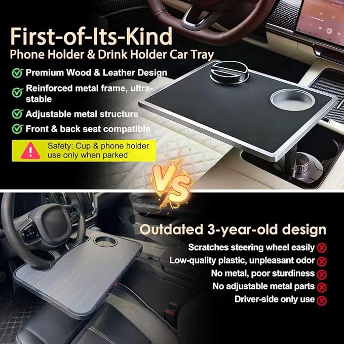 Car Food Tray & Car Table Tray with Car-Grade Aluminum Cup Holder & Phone Stand, Premium Wood with Leather Surface, 360° Rotating Car Desk for Laptop &Eating (Square, Black)