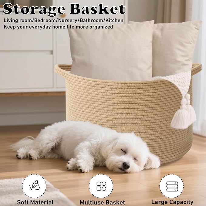 65L Extra Large Woven Cotton Rope Blanket Basket with Handles, Laundry Hamper Storage Bin for Pillows, Comforters,Clothes, To