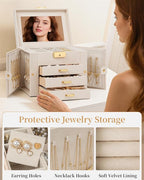 TORIBIO Jewelry Box for Women, Leather Jewelry Organizer with Mirror & Lock, 4-Tier Jewelry Storage Organizer with 3 Drawers 