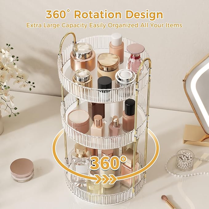Oifecsie 360° Rotating Makeup Organizer, Large Capacity SkinCare Organizer, 3 Tier Cosmetic Skin Care Perfume Dresser Organiz