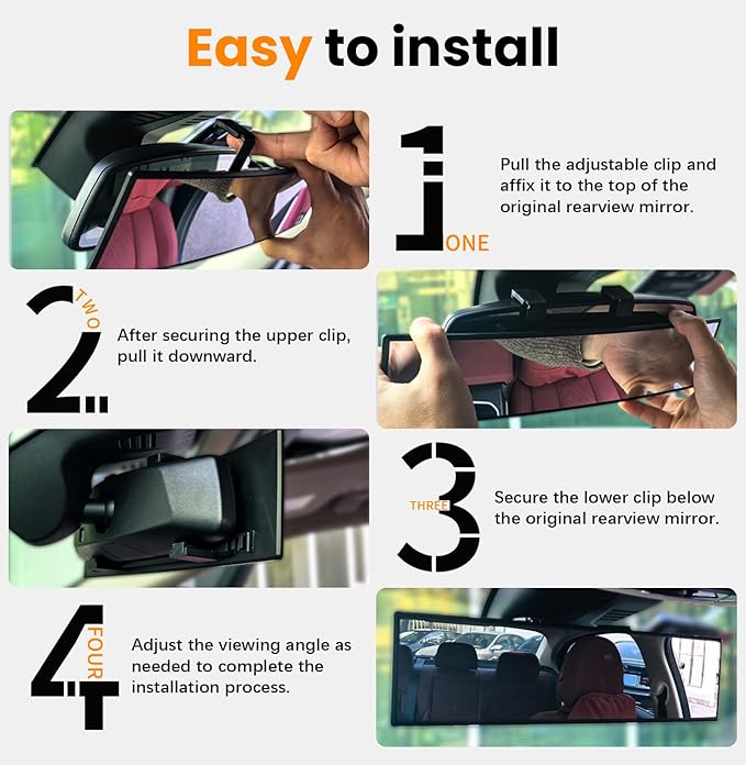 Rear View Mirror, Chrome Coat Anti-glare Panoramic Wide Angle Rearview Mirror Interior Clip-on Universal 12 Inch Convex Car Mirrors for Car SUV Trucks to Reduce Blind Spot 2 Pack
