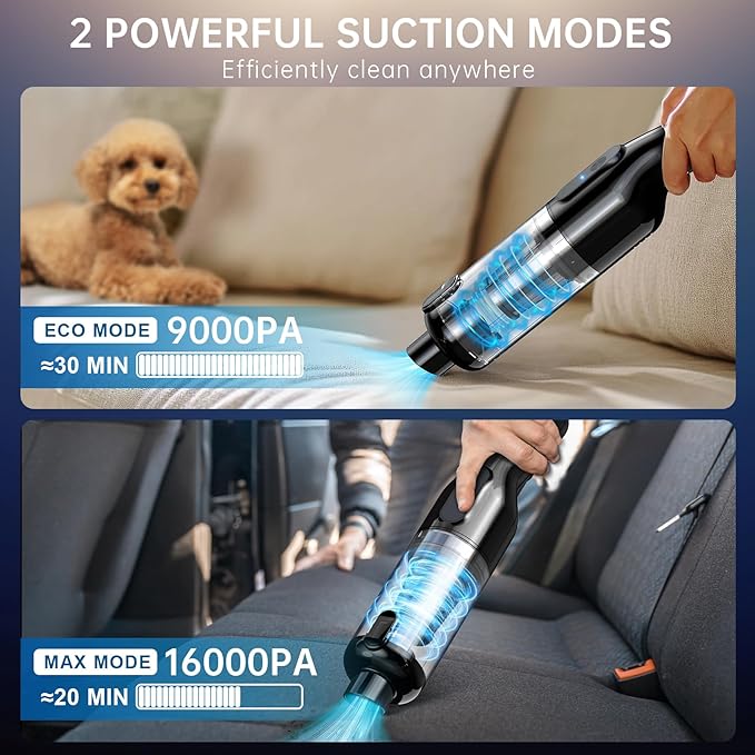 Handheld Vacuum Cordless, Car Vacuum with 16000Pa Powerful Suction, Lightweight at 1.3 lbs, Type-C Charge, Multiple Accessori
