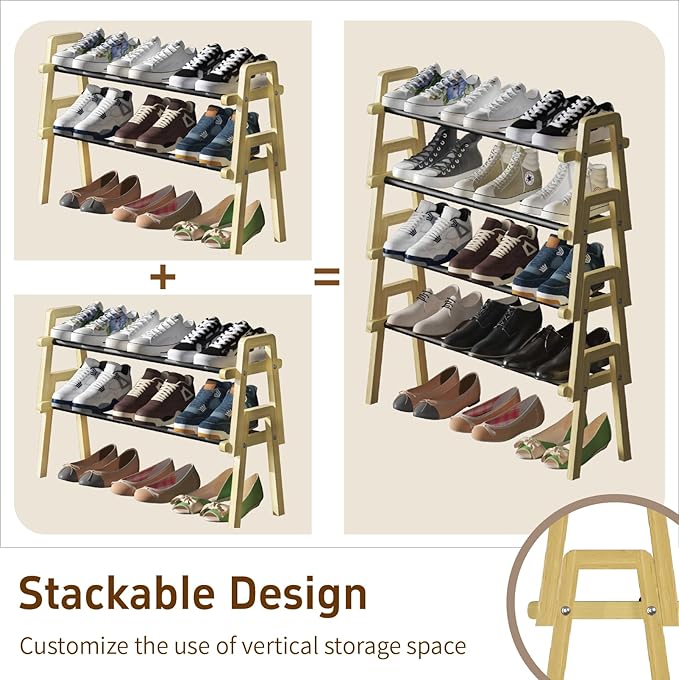 2-Tier Stackable Bamboo Shoe Rack, Free Standing Shoe Storage Organizer for Entryway, Closet, Doorway - Natural Wood Shoe She